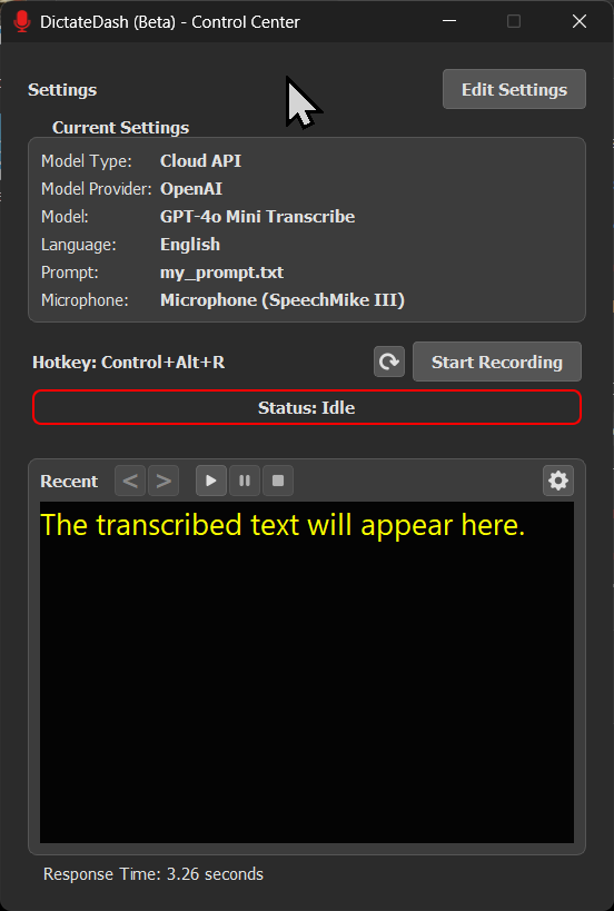 The main user interface of the DictateDash Control Center, showing the settings summary and recording controls.