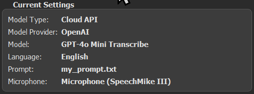 A close-up of the 'Current Settings' panel in DictateDash, displaying Model Type, Provider, Model, Language, Prompt, and Microphone.