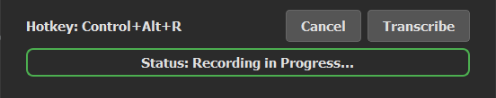 The DictateDash status bar in its Recording state, indicated by a green border and 'Recording in Progress' text.