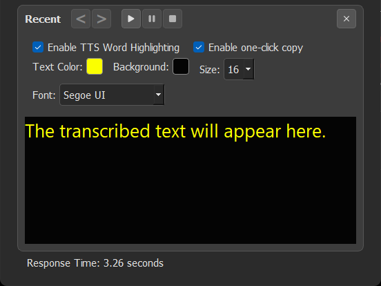 The Transcription Viewer settings toolbar, showing options for TTS highlighting, one-click copy, text and background color, size, and font.