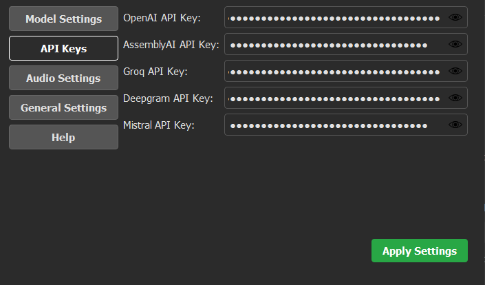 The API Keys tab, showing fields for entering keys for various providers like OpenAI and Groq.