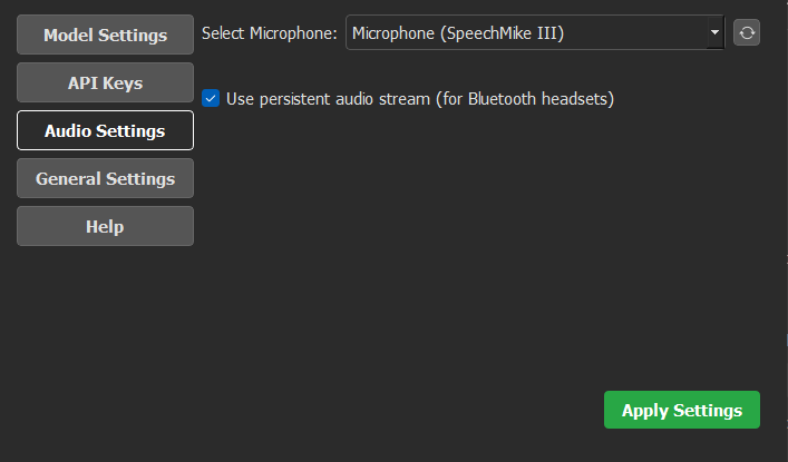The Audio Settings tab, with options for microphone selection and a persistent audio stream for Bluetooth headsets.