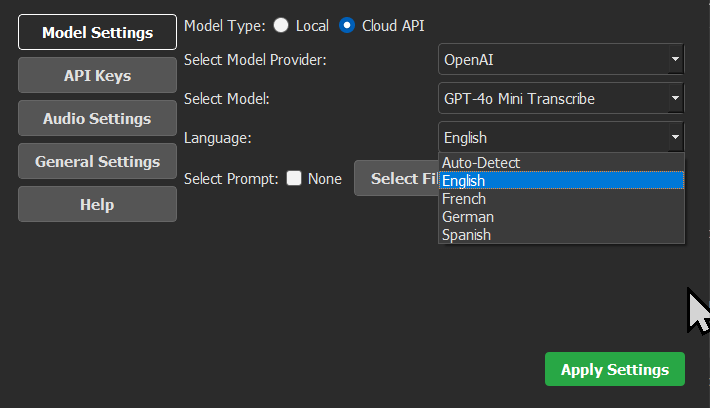 The language selection dropdown menu for Cloud API models, with English selected.