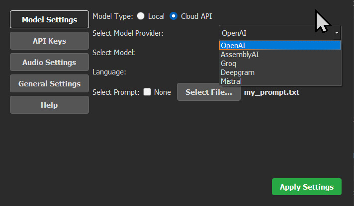 The dropdown menu for selecting a Cloud API provider, showing options like OpenAI, Groq, and Deepgram.