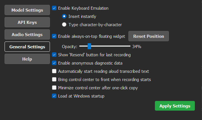 The General Settings tab, displaying various application behavior and workflow customization options.