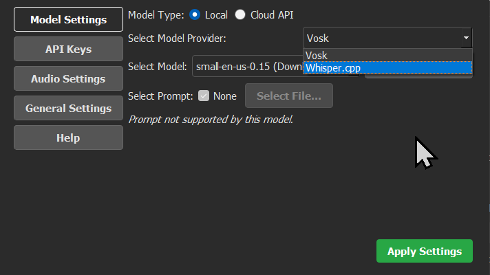The dropdown menu for selecting a local model provider, showing Whisper.cpp and Vosk.