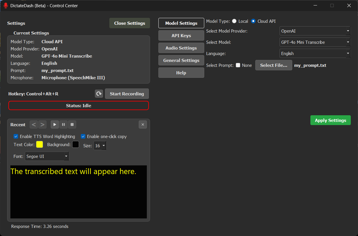 An overview of the entire DictateDash settings panel, with the Model Settings tab active.